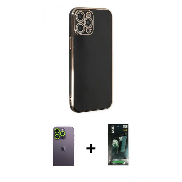 MARSİLYAN™- iPhone 12 Pro Kılıf Yankı Serisi - Şeffaf 360 Full Body Arka Koruyucu + Neon Fosforlu Kamera Lens - YL