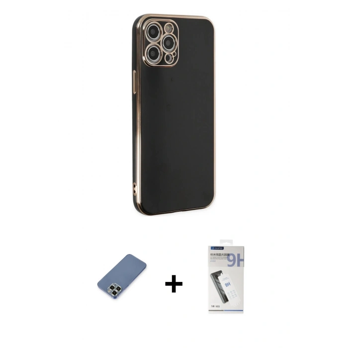 MARSİLYAN™- iPhone 12 Pro Kılıf Yankı Serisi - Şeffaf Uv Polymer Nano Ekran Koruyucu + Metal Kamera Lens Koruma Cam - AKYL