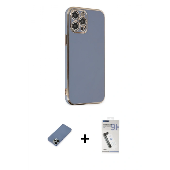 MARSİLYAN™- iPhone 12 Pro Kılıf Yankı Serisi - Şeffaf Uv Polymer Nano Ekran Koruyucu + Metal Kamera Lens Koruma Cam - AKYL