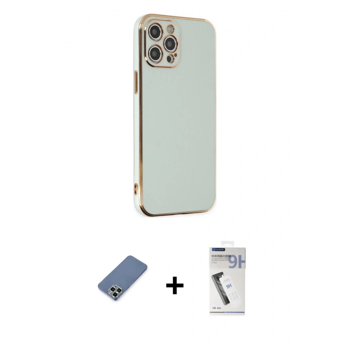 MARSİLYAN™- iPhone 12 Pro Kılıf Yankı Serisi - Şeffaf Uv Polymer Nano Ekran Koruyucu + Metal Kamera Lens Koruma Cam - AKYL