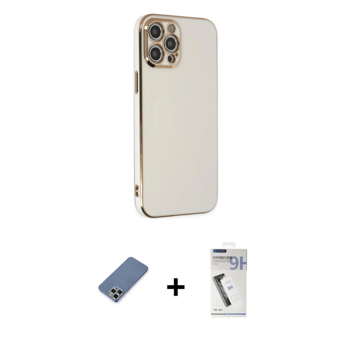 MARSİLYAN™- iPhone 12 Pro Kılıf Yankı Serisi - Şeffaf Uv Polymer Nano Ekran Koruyucu + Metal Kamera Lens Koruma Cam - AKYL