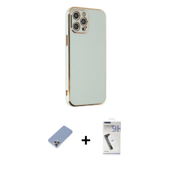 MARSİLYAN™- iPhone 12 Pro Kılıf Yankı Serisi - Şeffaf Uv Polymer Nano Ekran Koruyucu + Metal Kamera Lens Koruma Cam - KUYL