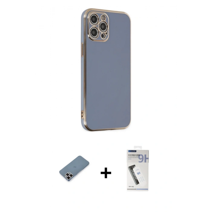 MARSİLYAN™- iPhone 12 Pro Kılıf Yankı Serisi - Şeffaf Uv Polymer Nano Ekran Koruyucu + Mor Metal Kamera Lens Koruma Cam