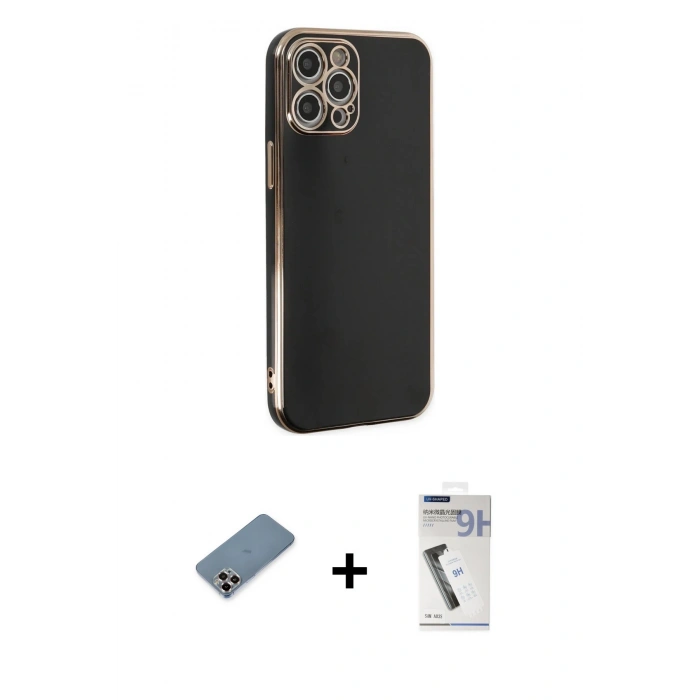 MARSİLYAN™- iPhone 12 Pro Kılıf Yankı Serisi - Şeffaf Uv Polymer Nano Ekran Koruyucu + Mor Metal Kamera Lens Koruma Cam