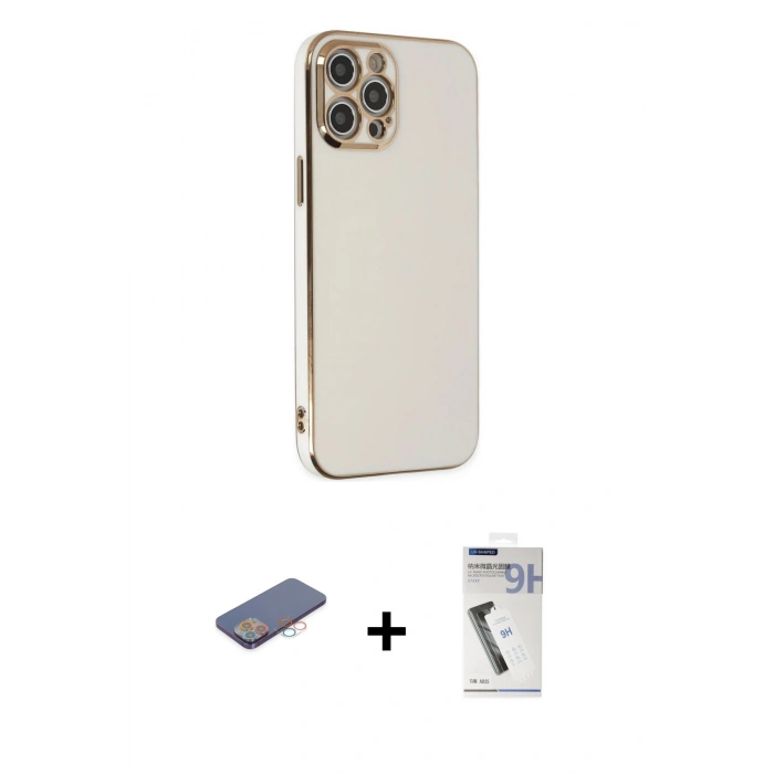 MARSİLYAN™- iPhone 12 Pro Kılıf Yankı Serisi - Şeffaf Uv Polymer Nano Ekran Koruyucu + Renkli Kamera Lens Koruma Cam - PE