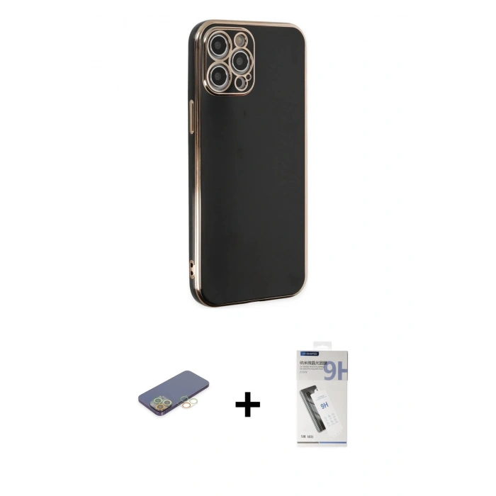 MARSİLYAN™- iPhone 12 Pro Kılıf Yankı Serisi - Şeffaf Uv Polymer Nano Ekran Koruyucu + Renkli Kamera Lens Koruma Cam - SI