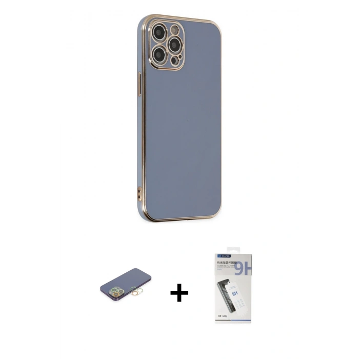 MARSİLYAN™- iPhone 12 Pro Kılıf Yankı Serisi - Şeffaf Uv Polymer Nano Ekran Koruyucu + Renkli Kamera Lens Koruma Cam - SI