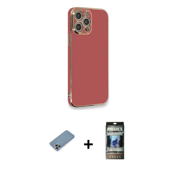 MARSİLYAN™- iPhone 12 Pro Kılıf Yankı Serisi - Siyah 34D Hayalet Izgaralı Cam + Shine Kamera Lens Koruma Cam - GI