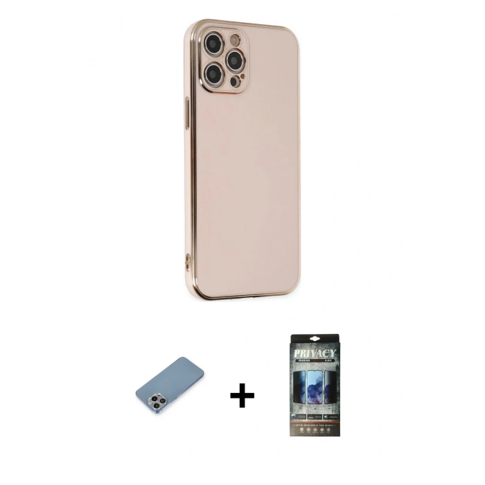 MARSİLYAN™- iPhone 12 Pro Kılıf Yankı Serisi - Siyah 34D Hayalet Izgaralı Cam + Shine Kamera Lens Koruma Cam - GI