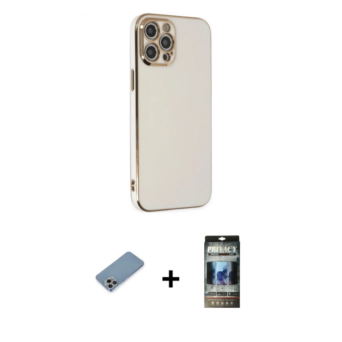 MARSİLYAN™- iPhone 12 Pro Kılıf Yankı Serisi - Siyah 34D Hayalet Izgaralı Cam + Shine Kamera Lens Koruma Cam - GI
