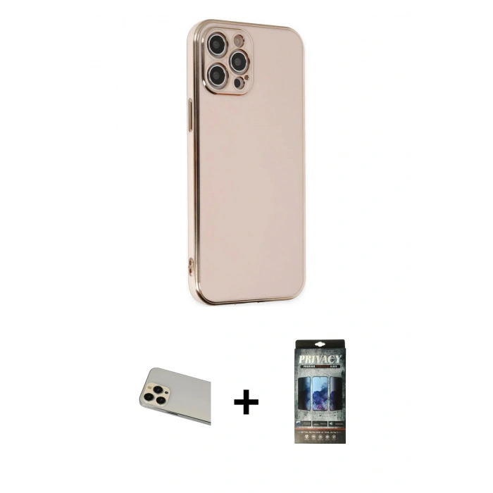 MARSİLYAN™- iPhone 12 Pro Kılıf Yankı Serisi - Siyah 34D Hayalet Izgaralı Cam + Rainbow Kamera Lens Koruma Cam - GD
