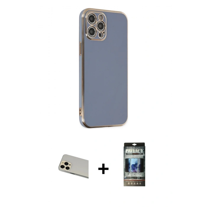 MARSİLYAN™- iPhone 12 Pro Kılıf Yankı Serisi - Siyah 34D Hayalet Izgaralı Cam + Rainbow Kamera Lens Koruma Cam - GD