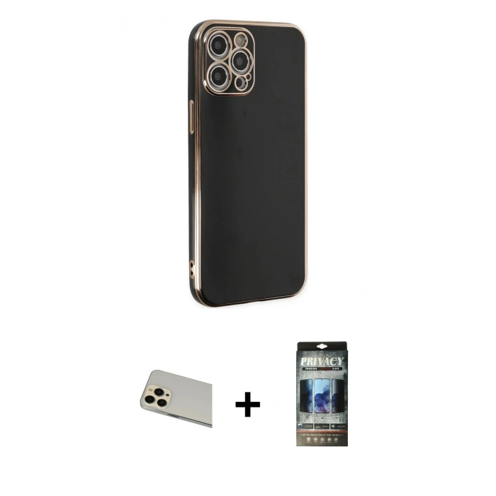MARSİLYAN™- iPhone 12 Pro Kılıf Yankı Serisi - Siyah 34D Hayalet Izgaralı Cam + Rainbow Kamera Lens Koruma Cam - GD