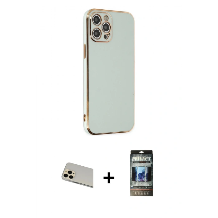 MARSİLYAN™- iPhone 12 Pro Kılıf Yankı Serisi - Siyah 34D Hayalet Izgaralı Cam + Rainbow Kamera Lens Koruma Cam - GD