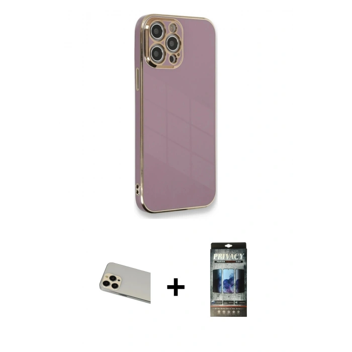 MARSİLYAN™- iPhone 12 Pro Kılıf Yankı Serisi - Siyah 34D Hayalet Izgaralı Cam + Rainbow Kamera Lens Koruma Cam - GD
