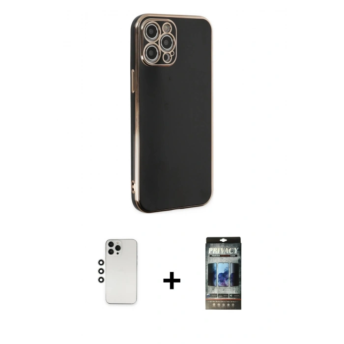MARSİLYAN™- iPhone 12 Pro Kılıf Yankı Serisi - Siyah 34D Hayalet Izgaralı Cam + Shine Kamera Lens - GS