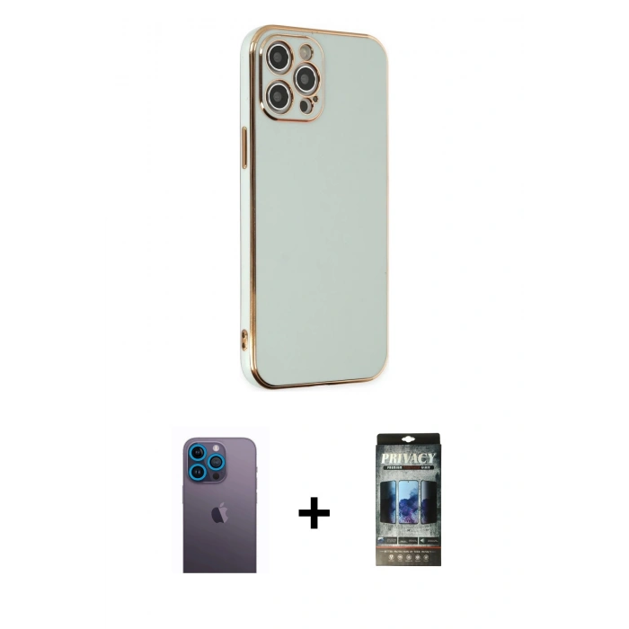 MARSİLYAN™- iPhone 12 Pro Kılıf Yankı Serisi - Siyah 34D Hayalet Izgaralı Cam + Neon Fosforlu Kamera Lens - MI