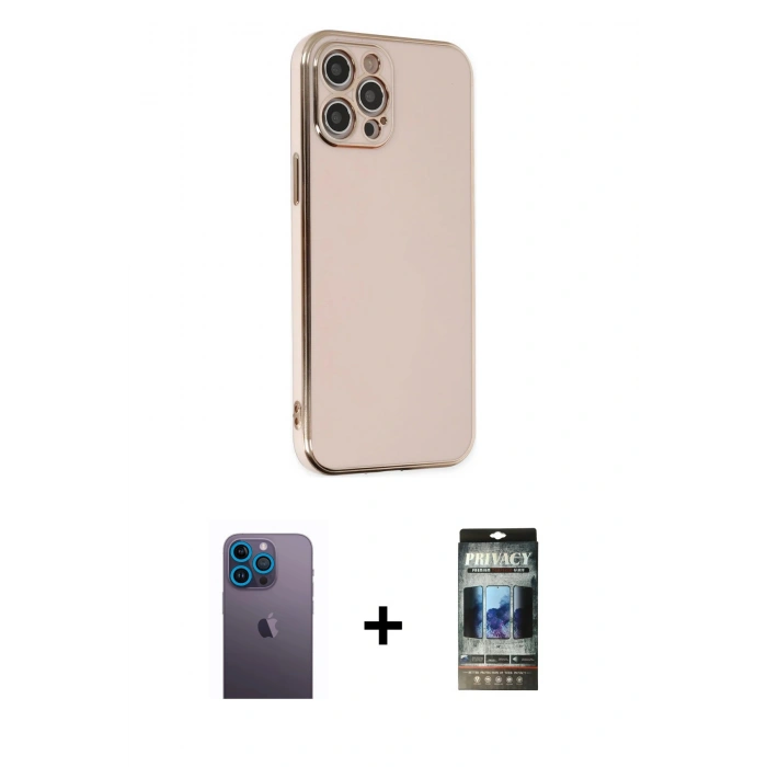 MARSİLYAN™- iPhone 12 Pro Kılıf Yankı Serisi - Siyah 34D Hayalet Izgaralı Cam + Neon Fosforlu Kamera Lens - MI