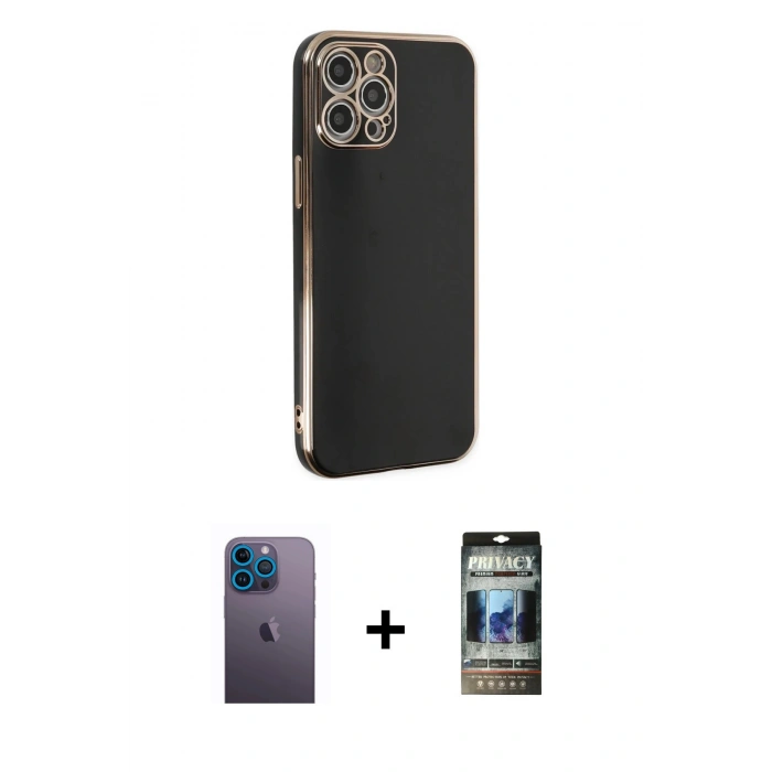 MARSİLYAN™- iPhone 12 Pro Kılıf Yankı Serisi - Siyah 34D Hayalet Izgaralı Cam + Neon Fosforlu Kamera Lens - MI