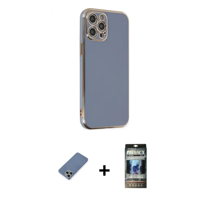 MARSİLYAN™- iPhone 12 Pro Kılıf Yankı Serisi - Siyah 34D Hayalet Izgaralı Cam + Metal Kamera Lens Koruma Cam - AKYL