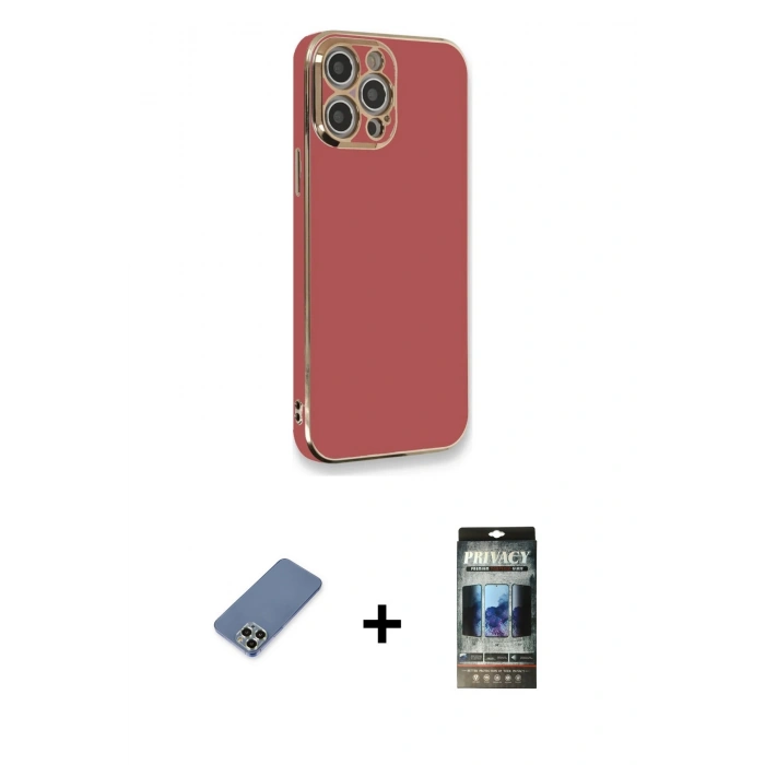 MARSİLYAN™- iPhone 12 Pro Kılıf Yankı Serisi - Siyah 34D Hayalet Izgaralı Cam + Metal Kamera Lens Koruma Cam - AKYL