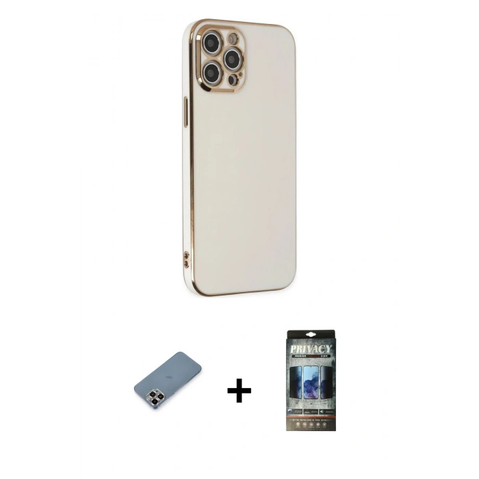 MARSİLYAN™- iPhone 12 Pro Kılıf Yankı Serisi - Siyah 34D Hayalet Izgaralı Cam + Metal Kamera Lens Koruma Cam - MR