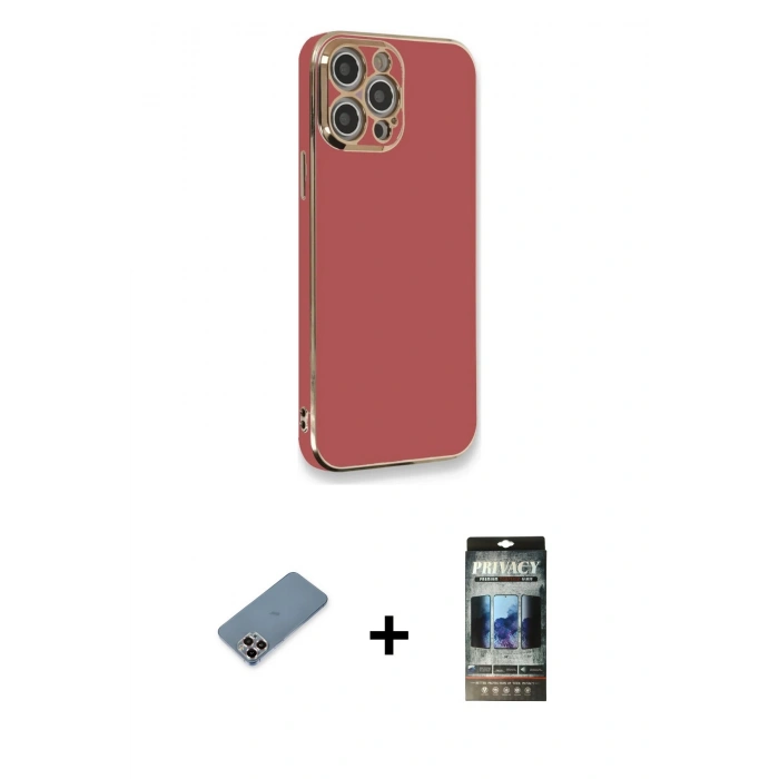 MARSİLYAN™- iPhone 12 Pro Kılıf Yankı Serisi - Siyah 34D Hayalet Izgaralı Cam + Metal Kamera Lens Koruma Cam - MR