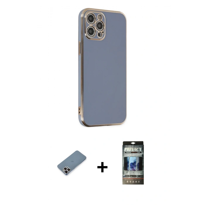 MARSİLYAN™- iPhone 12 Pro Kılıf Yankı Serisi - Siyah 34D Hayalet Izgaralı Cam + Metal Kamera Lens Koruma Cam - MR
