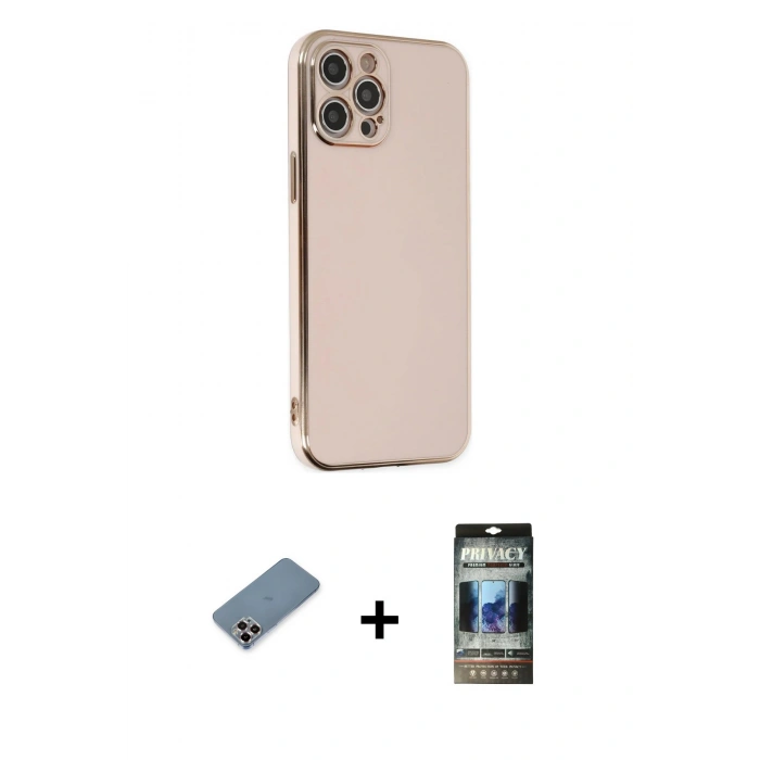 MARSİLYAN™- iPhone 12 Pro Kılıf Yankı Serisi - Siyah 34D Hayalet Izgaralı Cam + Metal Kamera Lens Koruma Cam - MR