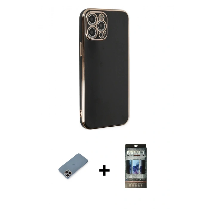 MARSİLYAN™- iPhone 12 Pro Kılıf Yankı Serisi - Siyah 34D Hayalet Izgaralı Cam + Metal Kamera Lens Koruma Cam - MR