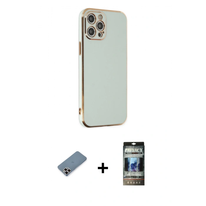 MARSİLYAN™- iPhone 12 Pro Kılıf Yankı Serisi - Siyah 34D Hayalet Izgaralı Cam + Metal Kamera Lens Koruma Cam - MR