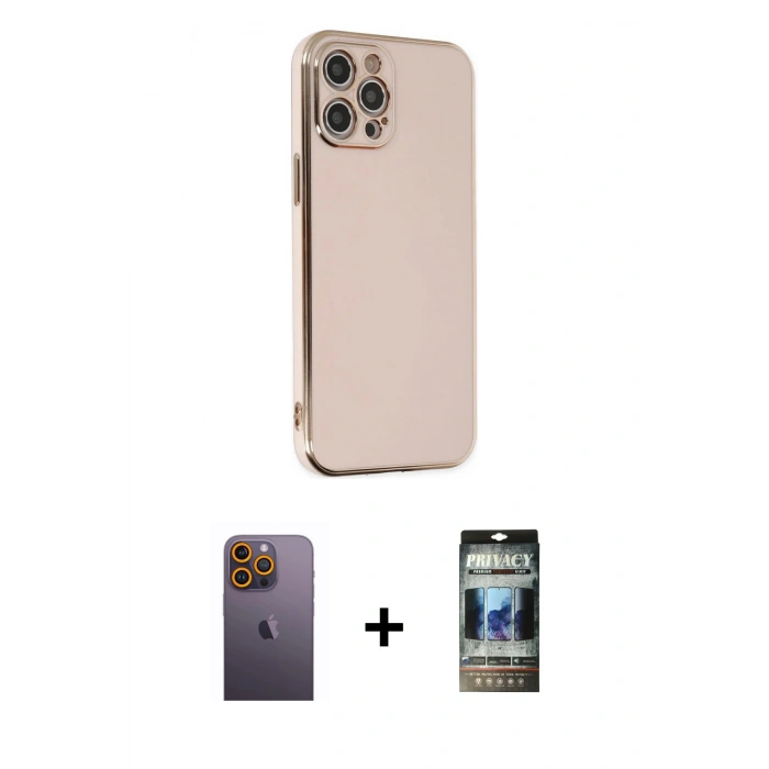 MARSİLYAN™- iPhone 12 Pro Kılıf Yankı Serisi - Siyah 34D Hayalet Izgaralı Cam + Neon Fosforlu Kamera Lens - SI