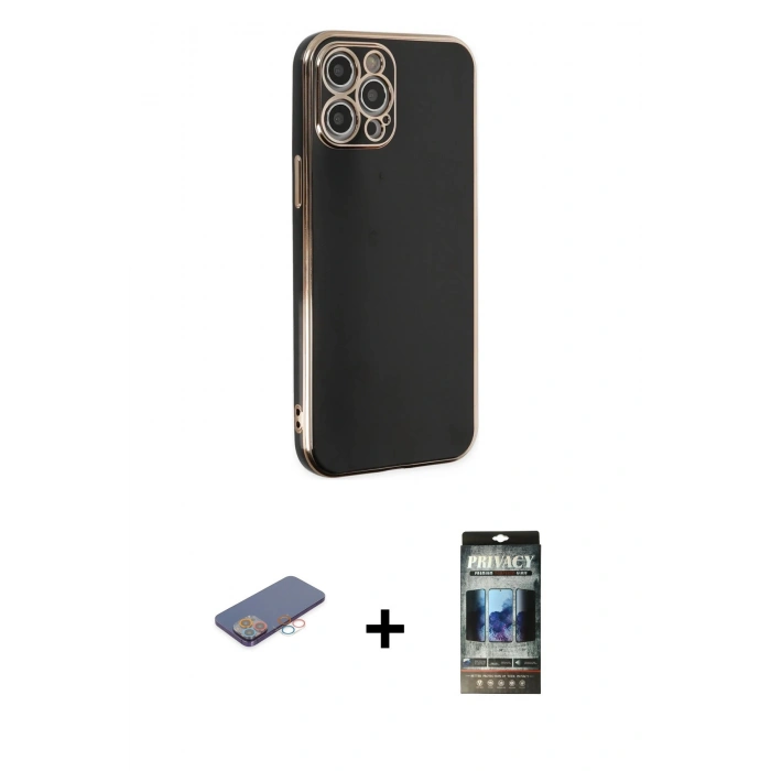 MARSİLYAN™- iPhone 12 Pro Kılıf Yankı Serisi - Siyah 34D Hayalet Izgaralı Cam + Renkli Kamera Lens Koruma Cam - PE