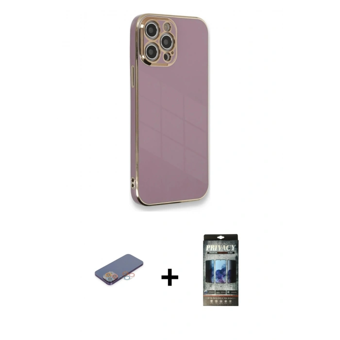 MARSİLYAN™- iPhone 12 Pro Kılıf Yankı Serisi - Siyah 34D Hayalet Izgaralı Cam + Renkli Kamera Lens Koruma Cam - PE