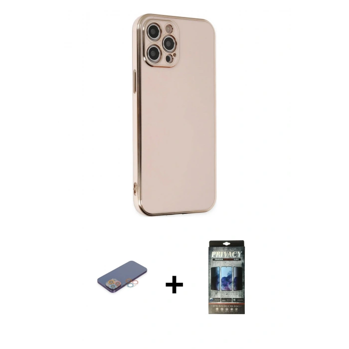 MARSİLYAN™- iPhone 12 Pro Kılıf Yankı Serisi - Siyah 34D Hayalet Izgaralı Cam + Renkli Kamera Lens Koruma Cam - PE