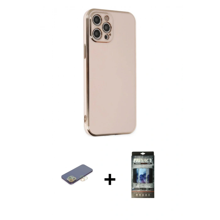 MARSİLYAN™- iPhone 12 Pro Kılıf Yankı Serisi - Siyah 34D Hayalet Izgaralı Cam + Renkli Kamera Lens Koruma Cam - SI