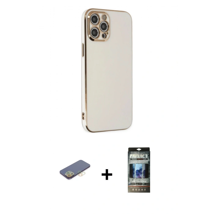 MARSİLYAN™- iPhone 12 Pro Kılıf Yankı Serisi - Siyah 34D Hayalet Izgaralı Cam + Renkli Kamera Lens Koruma Cam - SI