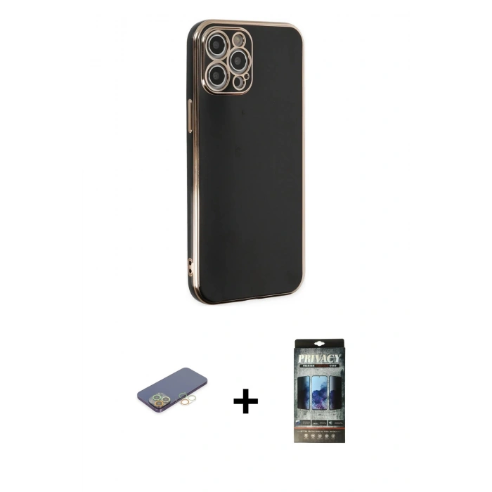 MARSİLYAN™- iPhone 12 Pro Kılıf Yankı Serisi - Siyah 34D Hayalet Izgaralı Cam + Renkli Kamera Lens Koruma Cam - SI