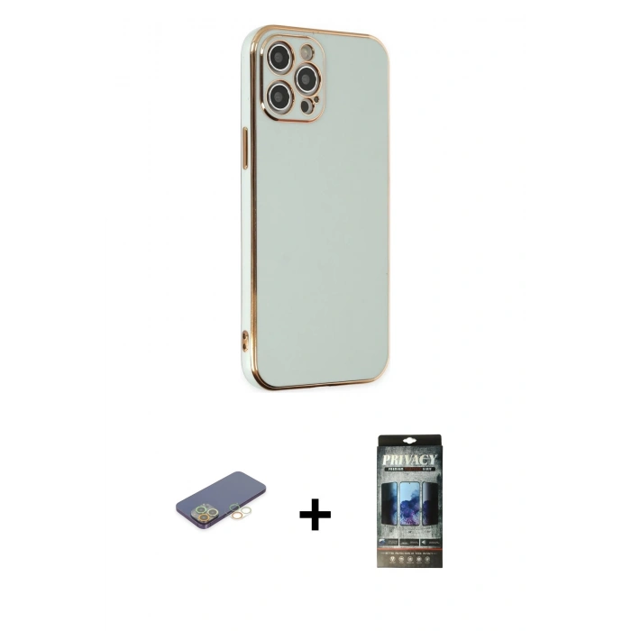 MARSİLYAN™- iPhone 12 Pro Kılıf Yankı Serisi - Siyah 34D Hayalet Izgaralı Cam + Renkli Kamera Lens Koruma Cam - SI