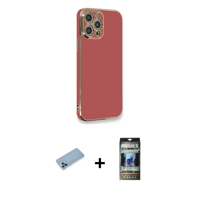 MARSİLYAN™- iPhone 12 Pro Kılıf Yankı Serisi - Siyah 34D Hayalet Izgaralı Cam + Shine Kamera Lens Koruma Cam - MI
