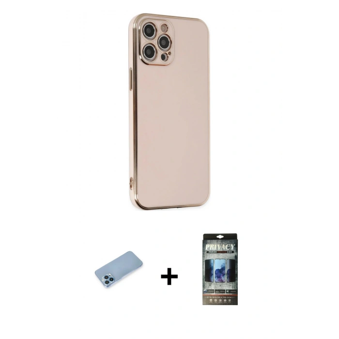 MARSİLYAN™- iPhone 12 Pro Kılıf Yankı Serisi - Siyah 34D Hayalet Izgaralı Cam + Shine Kamera Lens Koruma Cam - MI