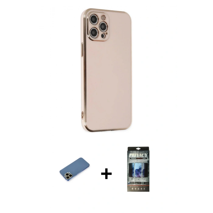 MARSİLYAN™- iPhone 12 Pro Kılıf Yankı Serisi - Siyah 34D Hayalet Izgaralı Cam + Shine Kamera Lens Koruma Cam - GD