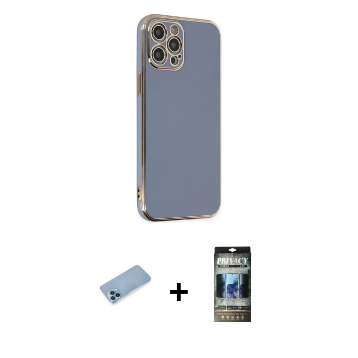 MARSİLYAN™- iPhone 12 Pro Kılıf Yankı Serisi - Siyah 34D Hayalet Izgaralı Cam + Shine Kamera Lens Koruma Cam - MI