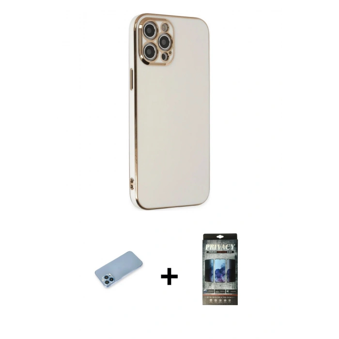 MARSİLYAN™- iPhone 12 Pro Kılıf Yankı Serisi - Siyah 34D Hayalet Izgaralı Cam + Shine Kamera Lens Koruma Cam - MI