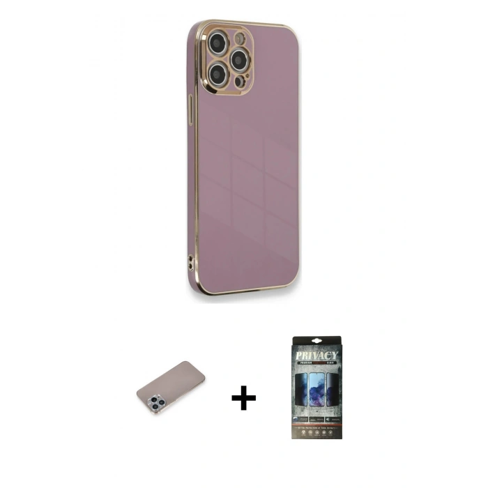 MARSİLYAN™- iPhone 12 Pro Kılıf Yankı Serisi - Siyah 34D Hayalet Izgaralı Cam + Shine Kamera Lens Koruma Cam - SABE