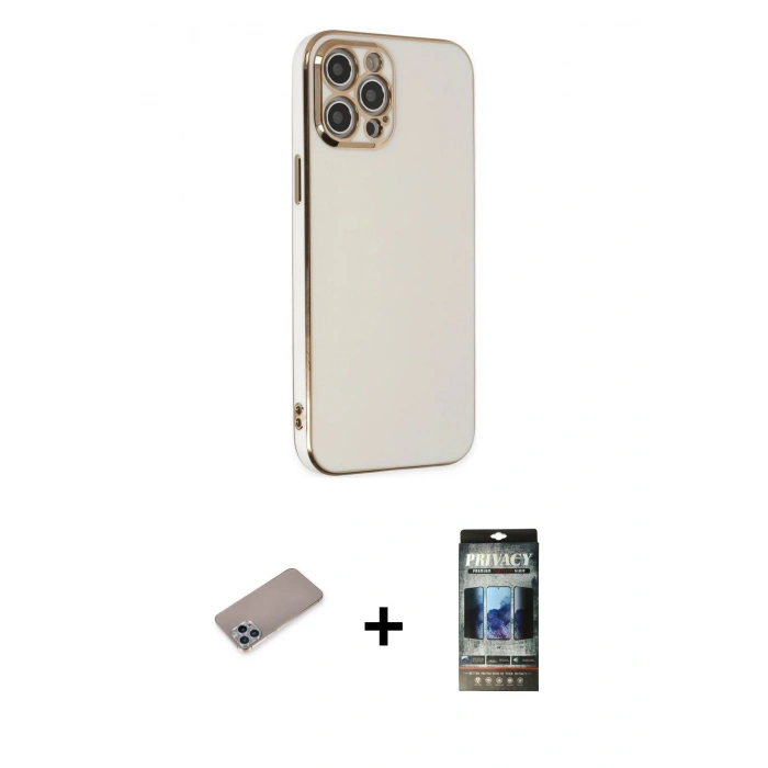 MARSİLYAN™- iPhone 12 Pro Kılıf Yankı Serisi - Siyah 34D Hayalet Izgaralı Cam + Shine Kamera Lens Koruma Cam - SABE