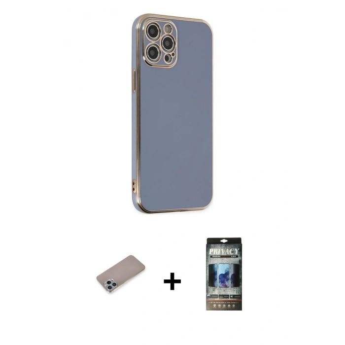 MARSİLYAN™- iPhone 12 Pro Kılıf Yankı Serisi - Siyah 34D Hayalet Izgaralı Cam + Shine Kamera Lens Koruma Cam - SABE