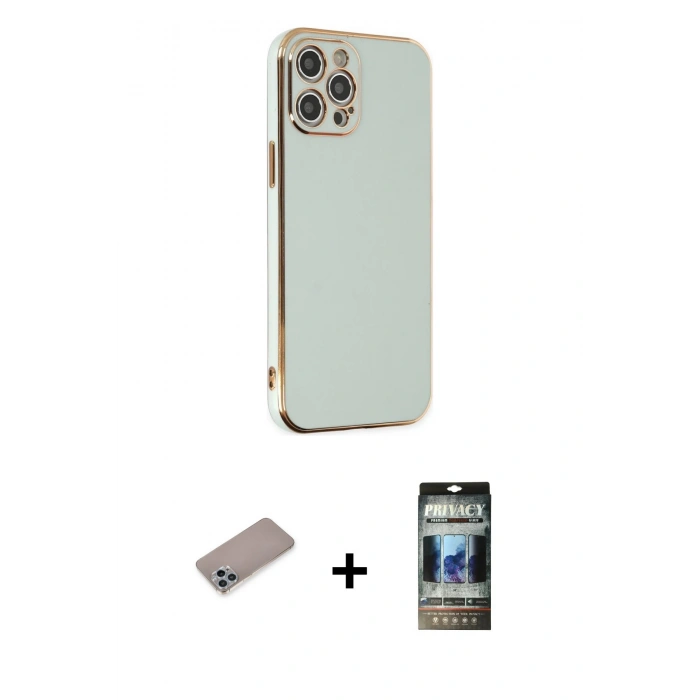 MARSİLYAN™- iPhone 12 Pro Kılıf Yankı Serisi - Siyah 34D Hayalet Izgaralı Cam + Shine Kamera Lens Koruma Cam - SABE