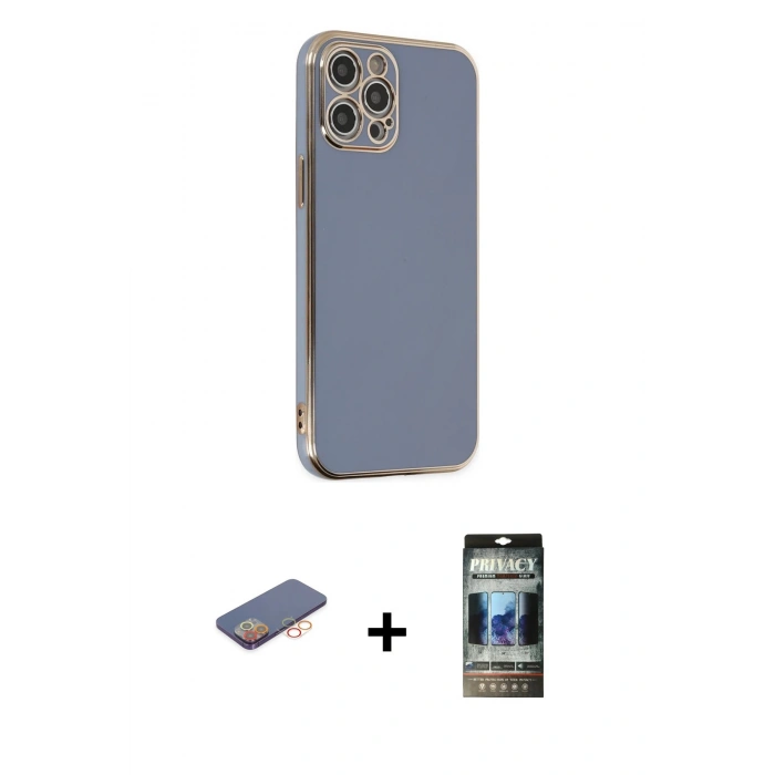 MARSİLYAN™- iPhone 12 Pro Kılıf Yankı Serisi - Siyah 34D Hayalet Izgaralı Cam + Renkli Kamera Lens Koruma Cam - TU