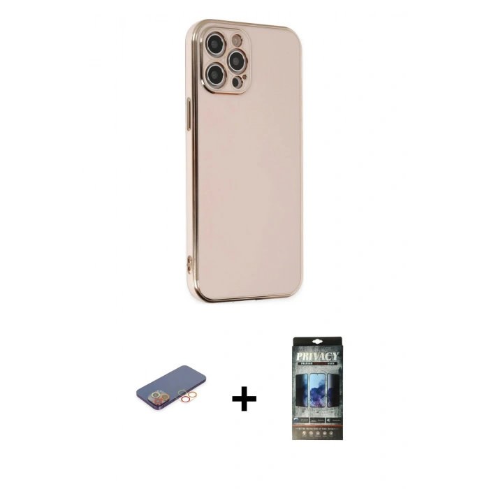 MARSİLYAN™- iPhone 12 Pro Kılıf Yankı Serisi - Siyah 34D Hayalet Izgaralı Cam + Renkli Kamera Lens Koruma Cam - TU